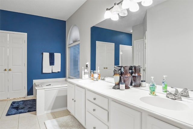 bathroom featuring tile patterned floors, a bath, double vanity, and a shower with door