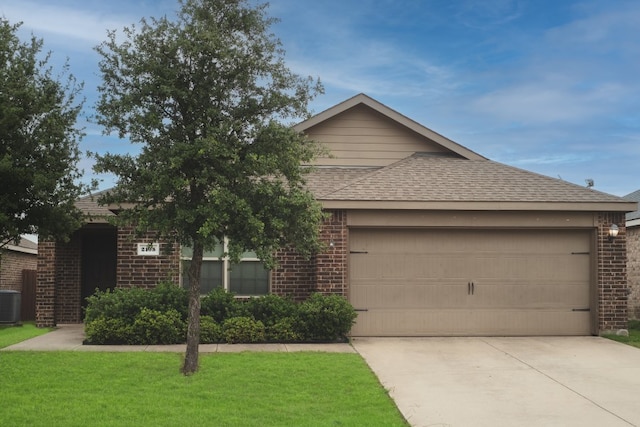 2105 Meadow View Dr, Princeton, TX 75407 - view of front facade featuring brick siding, concrete driveway, a garage, cooling unit, and roof with shingles