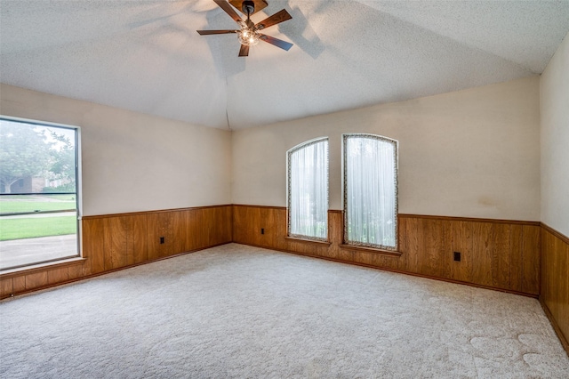 4312 High Spgs, Arlington, TX 76016 - spare room with plenty of natural light, wood walls, wainscoting, vaulted ceiling, and a ceiling fan