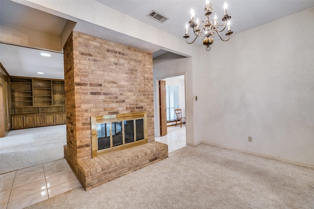 4312 High Spgs, Arlington, TX 76016 - unfurnished living room with carpet flooring, a textured ceiling, a chandelier, a fireplace, and baseboards