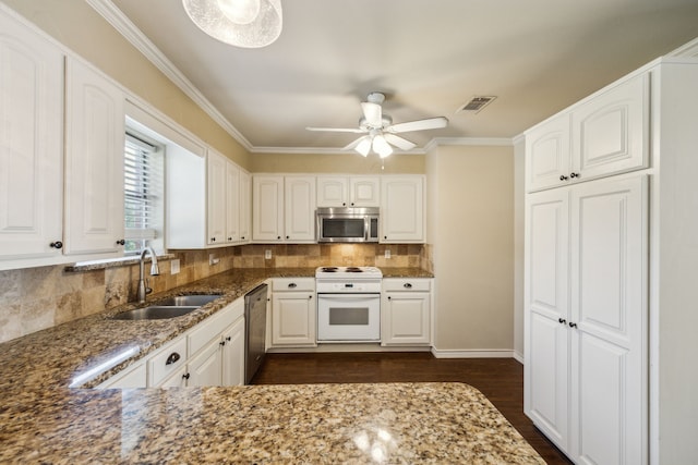 1003 N Washburn St, Decatur, TX 76234 - kitchen featuring stainless steel appliances, a sink, stone counters, decorative backsplash, and dark wood finished floors
