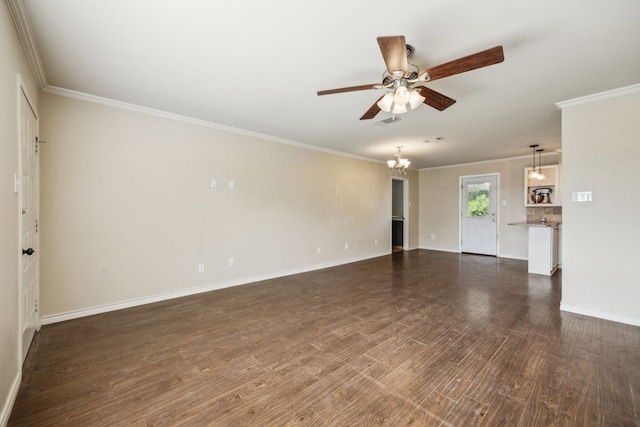 1003 N Washburn St, Decatur, TX 76234 - spare room with ceiling fan, a chandelier, ornamental molding, baseboards, and dark wood-style flooring