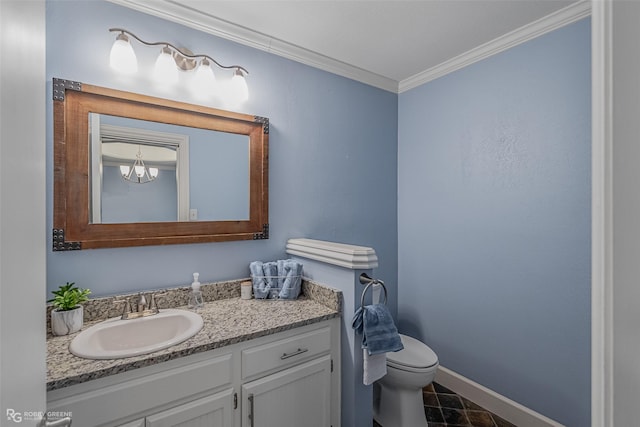 half bath featuring ornamental molding, baseboards, vanity, and toilet