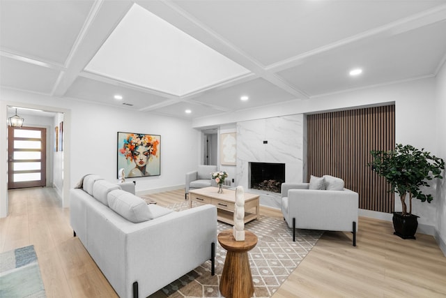 8338 Bocowood Dr, Dallas, TX 75228 - living area featuring coffered ceiling, light wood-style floors, recessed lighting, baseboards, and a fireplace