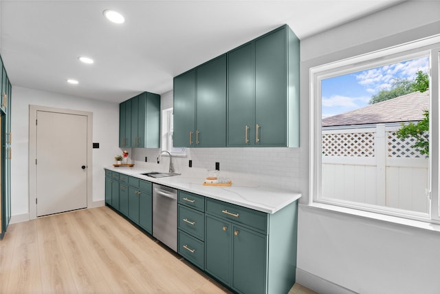 8338 Bocowood Dr, Dallas, TX 75228 - kitchen featuring green cabinets, stainless steel dishwasher, a sink, plenty of natural light, and recessed lighting
