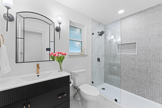 8338 Bocowood Dr, Dallas, TX 75228 - bathroom featuring toilet, walk in shower, vanity, recessed lighting, and marble finish flooring
