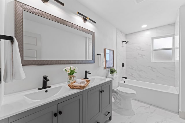 8338 Bocowood Dr, Dallas, TX 75228 - full bathroom featuring marble finish floors, toilet, double vanity, shower / bathtub combination, and recessed lighting