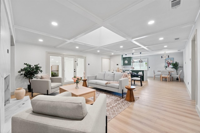 8338 Bocowood Dr, Dallas, TX 75228 - living area featuring light wood-style flooring, recessed lighting, coffered ceiling, a fireplace, and baseboards