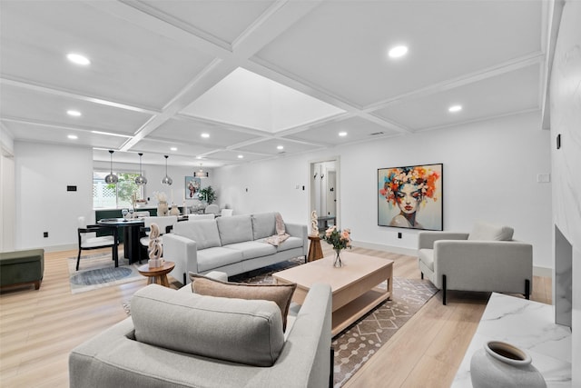 8338 Bocowood Dr, Dallas, TX 75228 - living room with coffered ceiling, light wood finished floors, recessed lighting, beamed ceiling, and baseboards