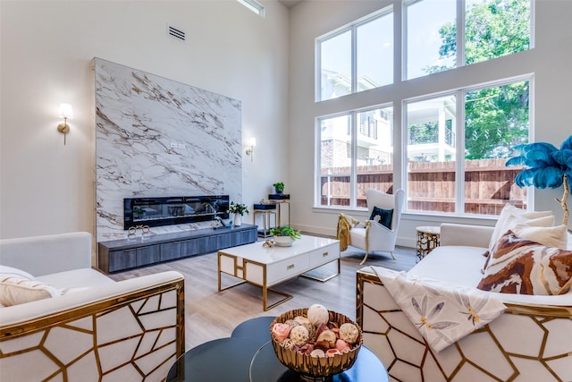13554 Pyramid Dr, Farmers Branch, TX 75234 - living area featuring plenty of natural light, a premium fireplace, a high ceiling, and wood finished floors