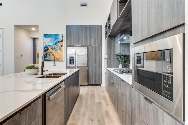 13554 Pyramid Dr, Farmers Branch, TX 75234 - kitchen with modern cabinets, appliances with stainless steel finishes, a sink, and light wood finished floors