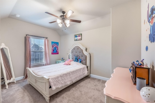 208 Johnson St, Granbury, TX 76048 - bedroom with vaulted ceiling, light colored carpet, baseboards, and ceiling fan