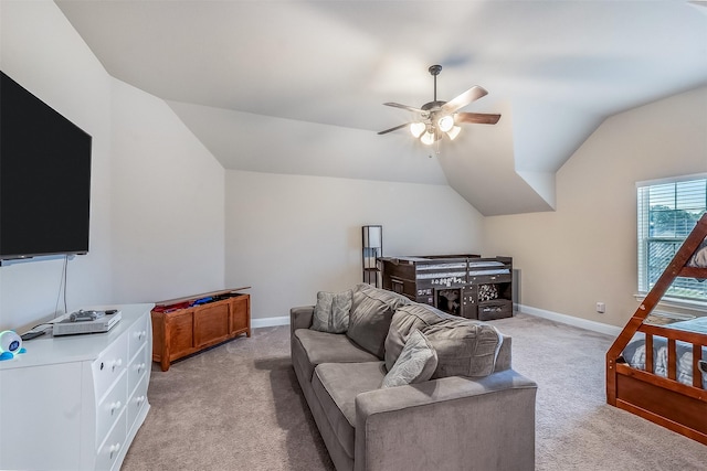 208 Johnson St, Granbury, TX 76048 - bedroom featuring light carpet, vaulted ceiling, baseboards, and ceiling fan