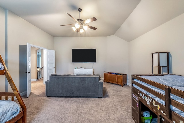 208 Johnson St, Granbury, TX 76048 - bedroom featuring light colored carpet, lofted ceiling, baseboards, and ceiling fan
