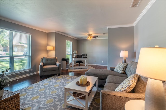 living area with wood finished floors, plenty of natural light, baseboards, and crown molding