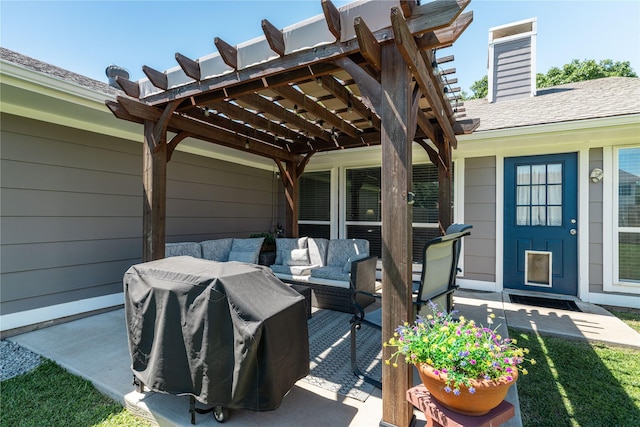 wooden deck featuring a pergola and outdoor lounge area
