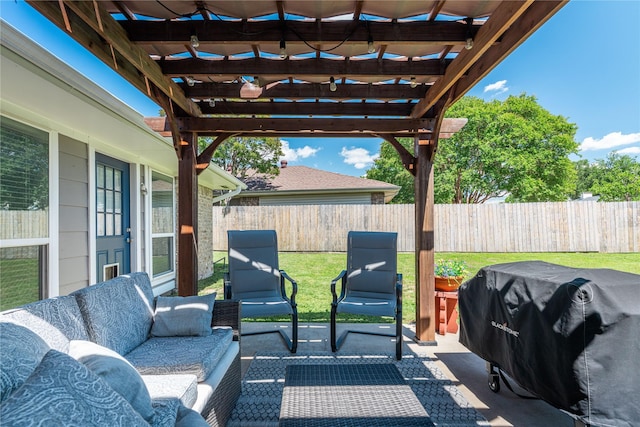 view of patio / terrace with a fenced backyard, an outdoor hangout area, area for grilling, and a pergola