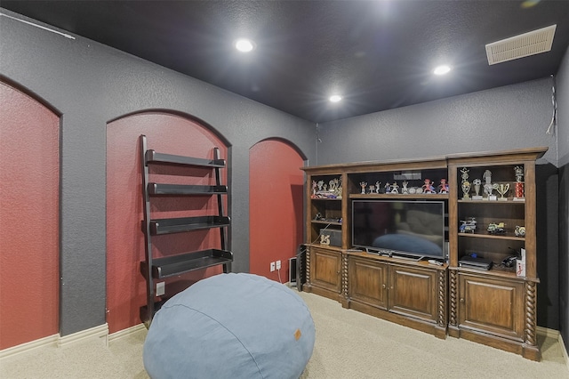 8306 Pecan Creek Dr, Arlington, TX 76001 - sitting room with a textured wall, carpet flooring, arched walkways, and recessed lighting