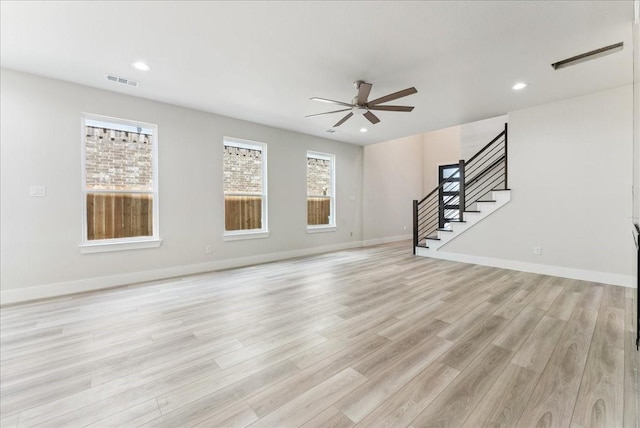1903 Varsity Dr, Grand Prairie, TX 75051 - unfurnished living room featuring stairway, a ceiling fan, light wood finished floors, recessed lighting, and baseboards