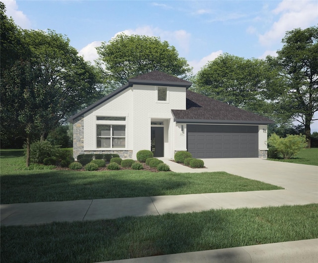 413 Marsh Dr, Lavon, TX 75166 - view of front facade featuring driveway, a garage, a front lawn, stone siding, and roof with shingles
