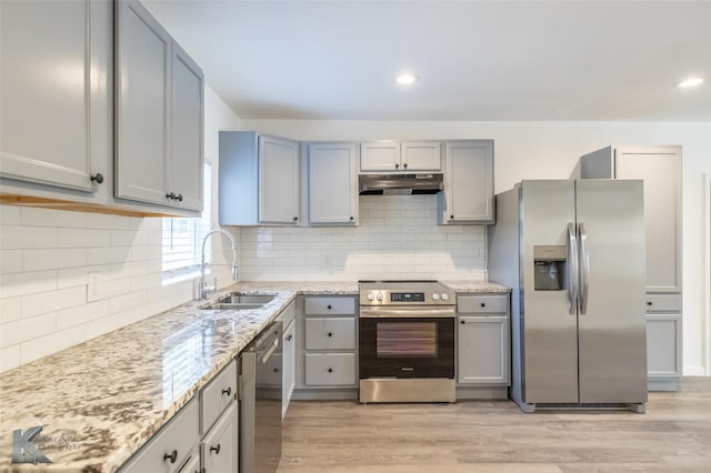 2942 Russell Ave, Abilene, TX 79605 - kitchen featuring stainless steel appliances, under cabinet range hood, a sink, gray cabinets, and light wood finished floors