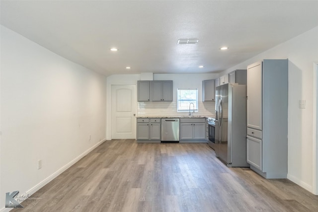 2942 Russell Ave, Abilene, TX 79605 - kitchen featuring stainless steel appliances, gray cabinets, light wood finished floors, recessed lighting, and a sink