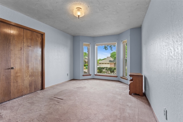 unfurnished bedroom featuring a textured wall, carpet floors, a closet, and baseboards