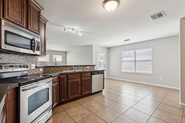 4006 Autumnwood Ln, Heartland, TX 75126 - kitchen with appliances with stainless steel finishes, a sink, dark countertops, tasteful backsplash, and healthy amount of natural light