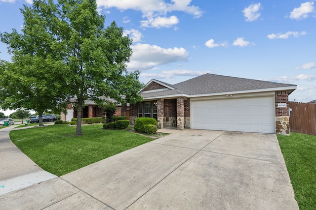 4006 Autumnwood Ln, Heartland, TX 75126 - ranch-style house with stone siding, concrete driveway, an attached garage, and a shingled roof