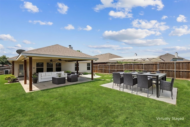 4006 Autumnwood Ln, Heartland, TX 75126 - rear view of property with an outdoor living space, a ceiling fan, central AC unit, roof with shingles, and a patio