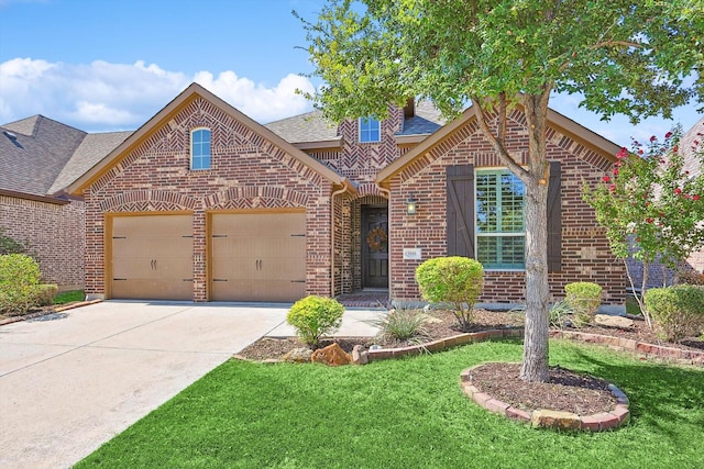 9808 Denali Dr, Little Elm, TX 75068 - view of front of home featuring brick siding, a shingled roof, driveway, and a front lawn