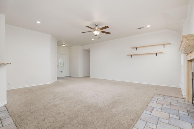 709 Billups Cir, Van Alstyne, TX 75495 - unfurnished living room with a ceiling fan, light carpet, recessed lighting, a fireplace, and baseboards