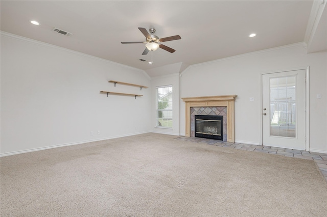 709 Billups Cir, Van Alstyne, TX 75495 - unfurnished living room featuring ornamental molding, baseboards, a ceiling fan, a fireplace, and carpet