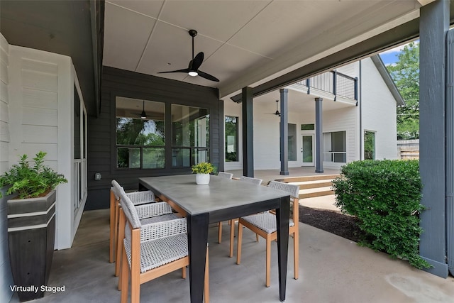 2109 Greta Ln, Fort Worth, TX 76120 - view of patio / terrace featuring french doors, a ceiling fan, and outdoor dining space