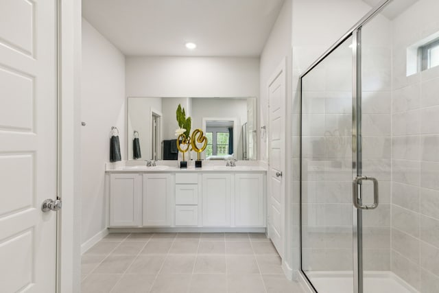 751 Water View Dr, Lavon, TX 75166 - full bathroom featuring a shower stall, tile patterned flooring, double vanity, and recessed lighting