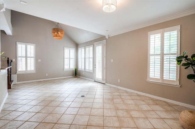 1615 Georgetown Dr, Allen, TX 75013 - spare room featuring a chandelier, baseboards, light tile patterned floors, lofted ceiling, and ornamental molding