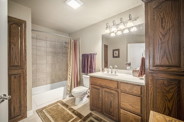 full bathroom with toilet, shower / tub combo with curtain, vanity, and tile patterned flooring