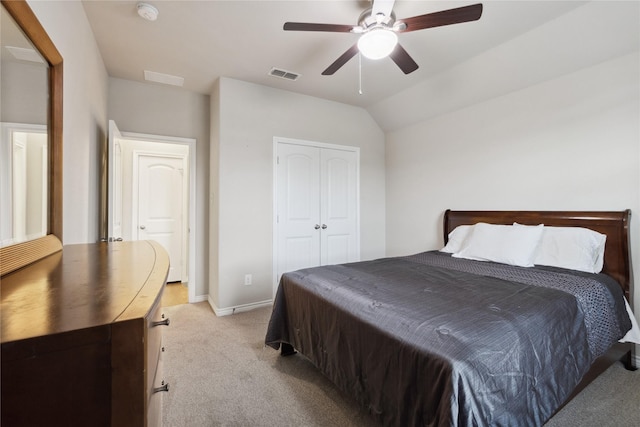 307 Acadia Ln, Forney, TX 75126 - bedroom with carpet floors, baseboards, a closet, ceiling fan, and vaulted ceiling