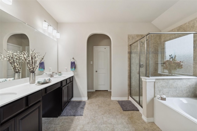 307 Acadia Ln, Forney, TX 75126 - bathroom with a shower stall, a garden tub, double vanity, and baseboards