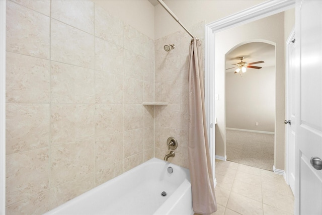211 Crestbrook Dr, Rockwall, TX 75087 - full bath featuring shower / bath combo, a ceiling fan, baseboards, and tile patterned floors