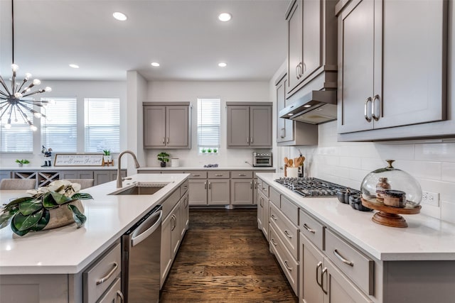 8416 Shoreacres Dr, Mckinney, TX 75070 - kitchen featuring a sink, gray cabinets, stainless steel appliances, ventilation hood, and light countertops