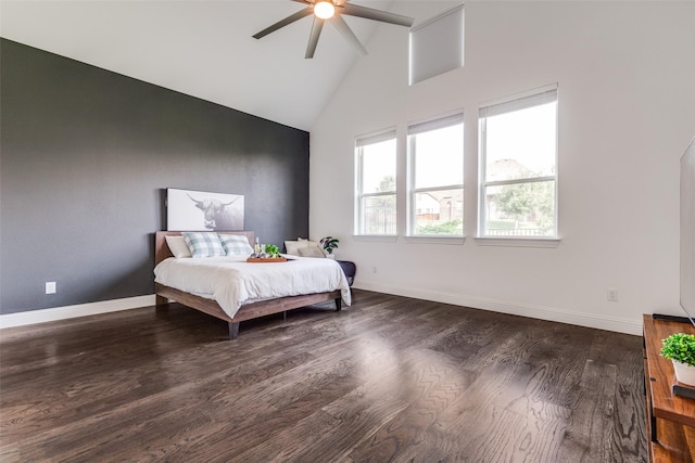 8416 Shoreacres Dr, Mckinney, TX 75070 - bedroom featuring high vaulted ceiling, wood finished floors, baseboards, and ceiling fan