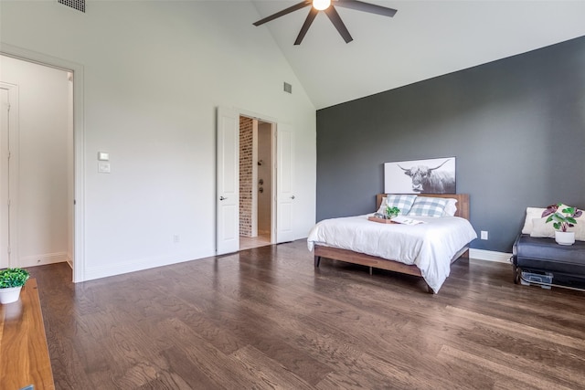 8416 Shoreacres Dr, Mckinney, TX 75070 - bedroom with high vaulted ceiling, baseboards, wood finished floors, and ceiling fan