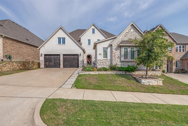 8416 Shoreacres Dr, Mckinney, TX 75070 - french country home featuring concrete driveway, a front lawn, stone siding, and an attached garage