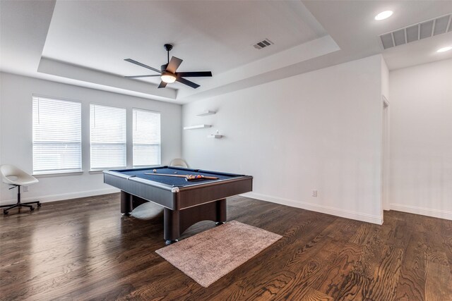 8416 Shoreacres Dr, Mckinney, TX 75070 - recreation room with a raised ceiling, billiards table, ceiling fan, and wood finished floors