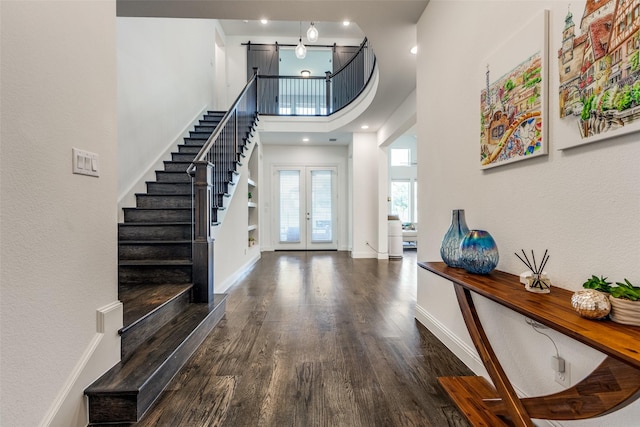 8416 Shoreacres Dr, Mckinney, TX 75070 - foyer with french doors, stairs, wood finished floors, a high ceiling, and baseboards