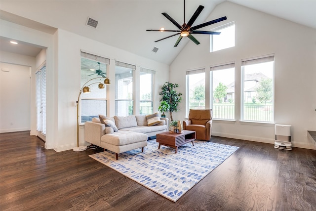 8416 Shoreacres Dr, Mckinney, TX 75070 - living area with ceiling fan, high vaulted ceiling, dark wood-style flooring, and baseboards
