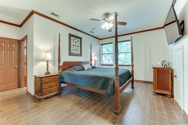 4402 Running Brook Dr, Rowlett, TX 75088 - bedroom with light wood-style flooring, ornamental molding, baseboards, and a ceiling fan
