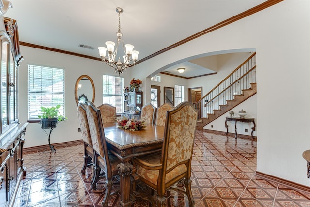 4402 Running Brook Dr, Rowlett, TX 75088 - tiled dining space featuring a chandelier, baseboards, arched walkways, ornamental molding, and stairway