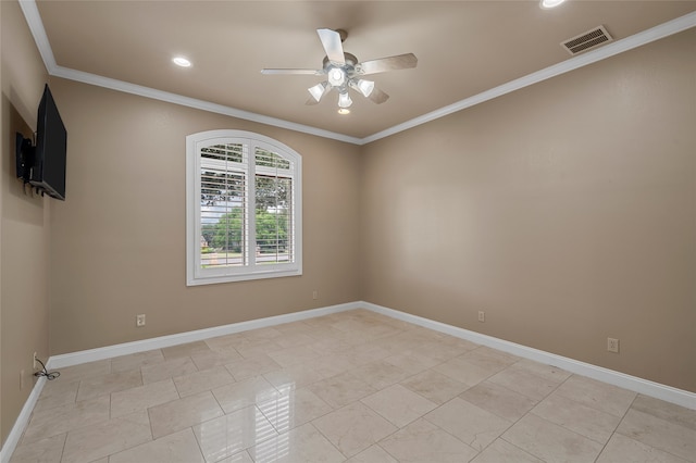 6021 Canyon Trl, Waco, TX 76657 - empty room with a ceiling fan, crown molding, baseboards, and recessed lighting